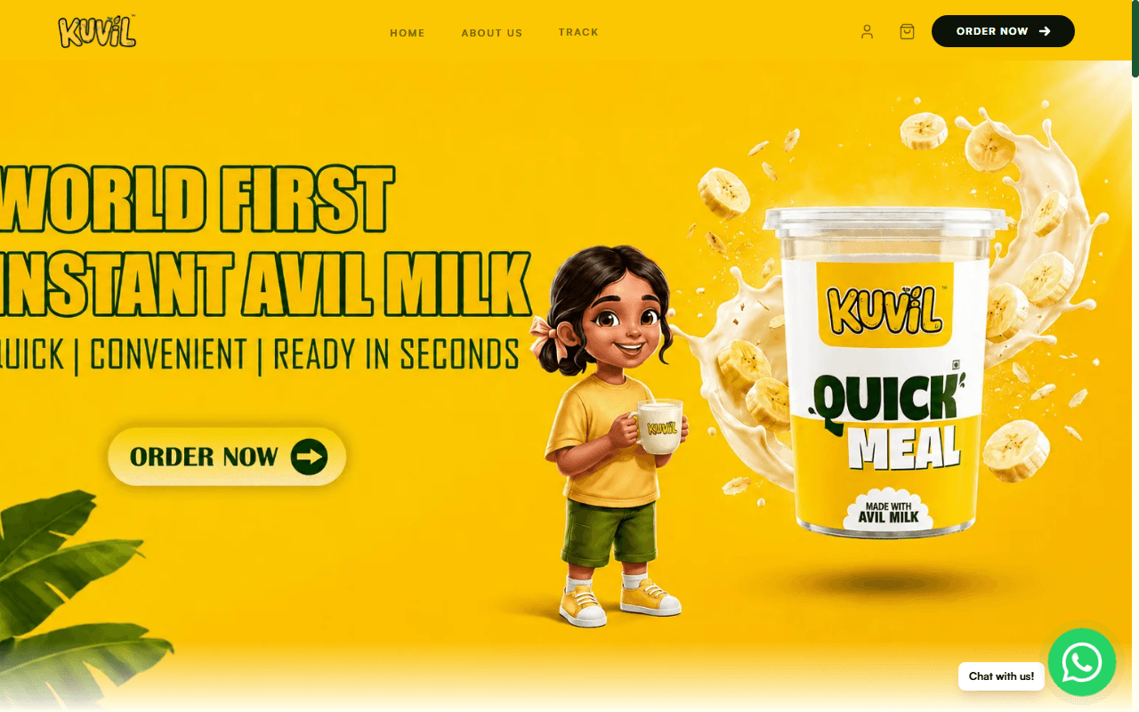 Kuvil homepage hero with product shot and mascot illustration