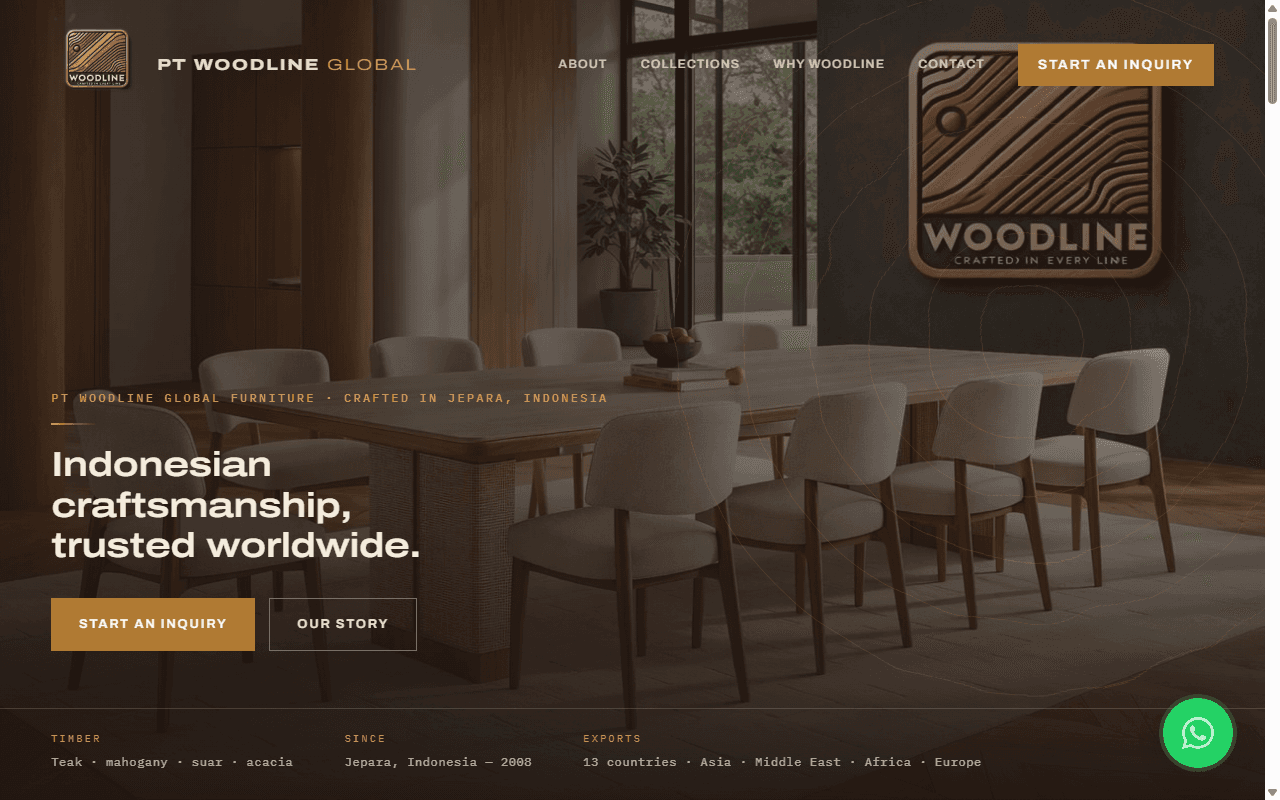 PT Woodline Global homepage hero with dining room product photography
